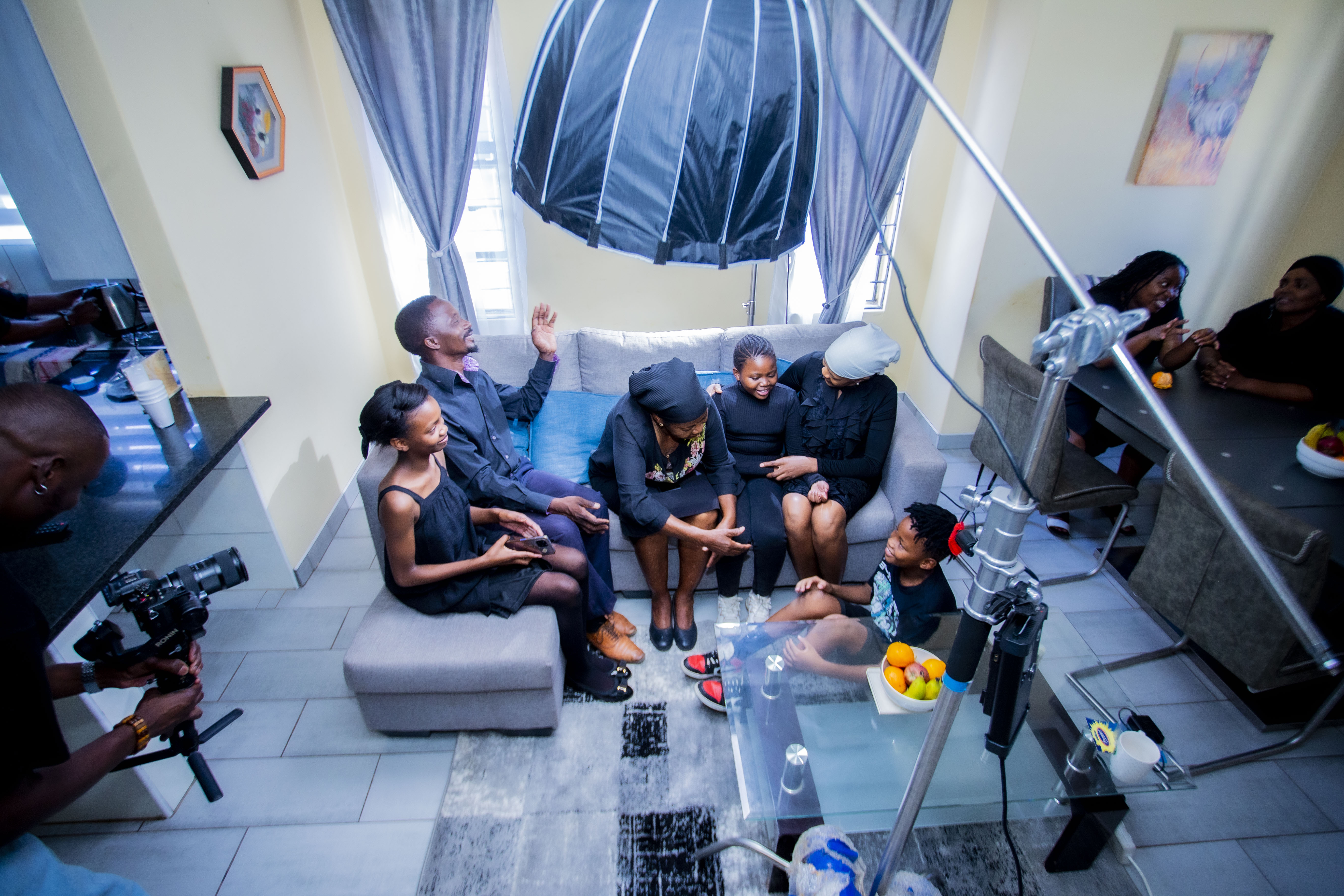 Film production set with family scene
